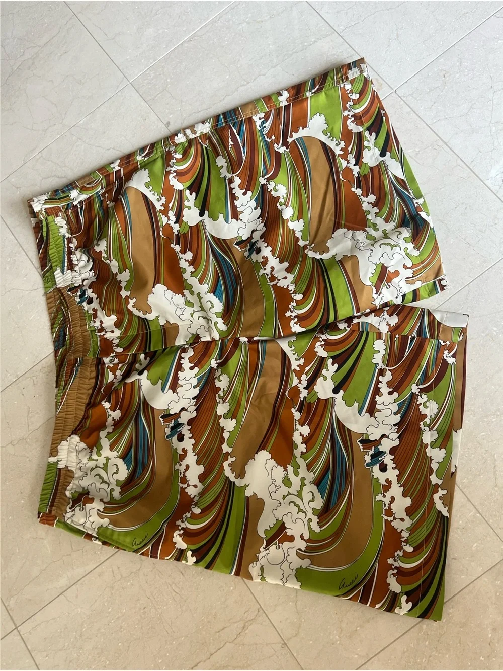 Gucci Brown Green Wave-Print Men's Hybrid Shorts
